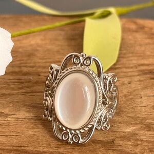 VTG Style Silver Tone Scroll Ring Oval Moonstone Look Sz 6.5